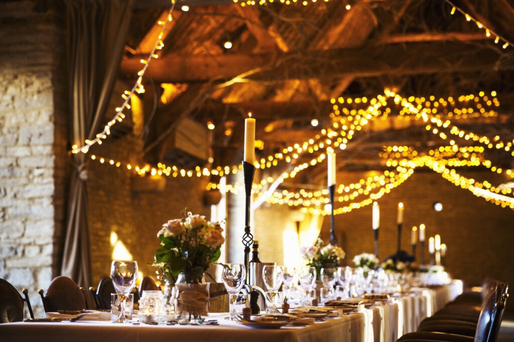Venue decorated with fairy lights.