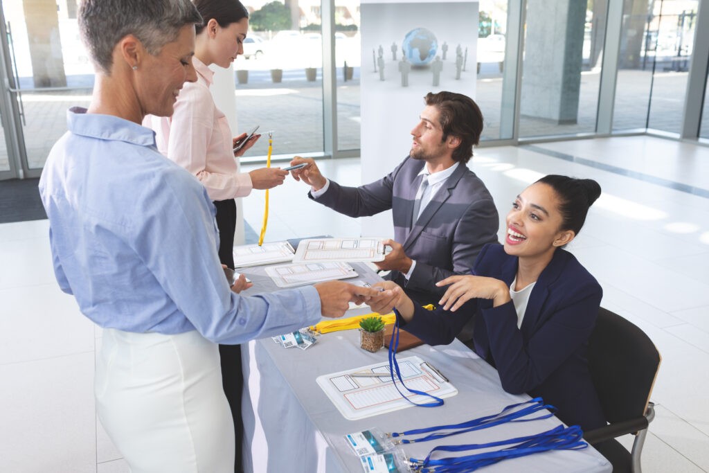 Registration table at a business conference. 