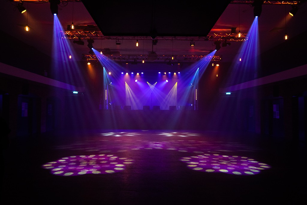 Venue 1 lit up with colourful lights