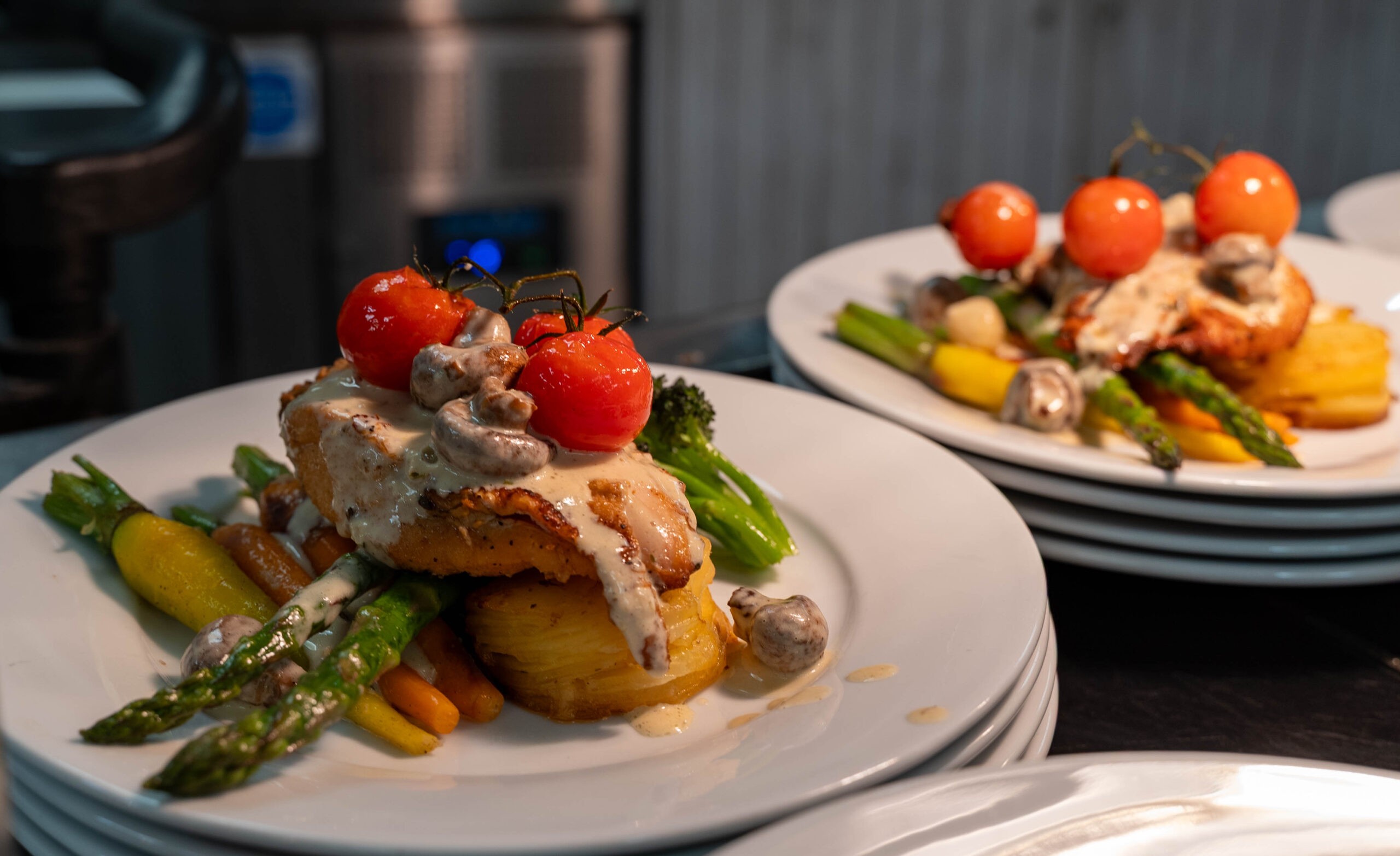 BaxterStorey's chicken and vegetables plated to be served for dinner.