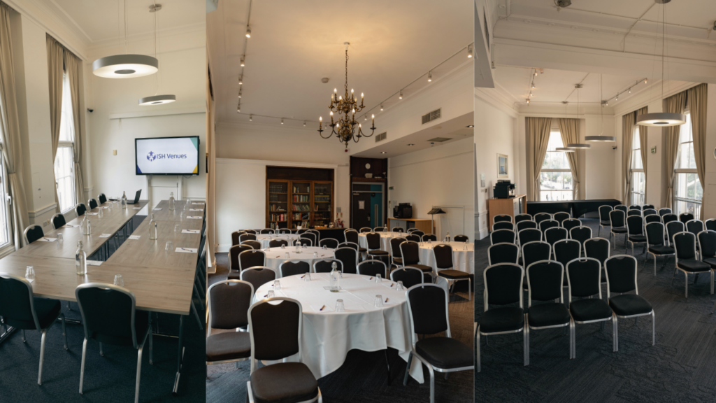 Boardroom layout in the Fitzrovia, Cabaret Layout in the Gulbenkian, and Theatre layout in the Club Room at ISH Venues.