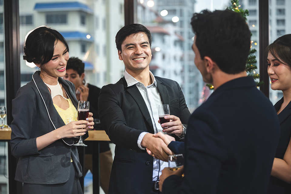 businessman and business partner person team in success, happy and fun in group celebration party